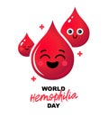 Three cartoon smiling and cute drops of blood. World Hemophilia Day. Blood clotting disorder Royalty Free Stock Photo