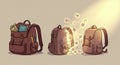 Three cartoon-style backpacks are shown evolving in design. The left backpack Royalty Free Stock Photo