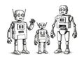 Three cartoon-style robots with retro designs are depicted in black and white. Each robot features Royalty Free Stock Photo