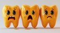 Three cartoon teeth with sad faces and expressions of fear and pain Royalty Free Stock Photo