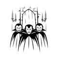 Three cartoon vampires with fangs and capes in front of a castle gate with candelabras vector Royalty Free Stock Photo