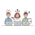 Three cartoon workers look puzzled and overwhelmed while working on their laptops online now Royalty Free Stock Photo