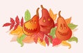 Carved pumpkins with autumn leaves, Halloween illustration