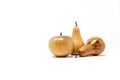Three carved wooden model apples and pears
