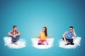 Three casual young people sitting on clouds