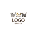 Three cats logo design concept. Cute feline symbol in cartoon style and text. Gray, black and ginger kittens. - Vector