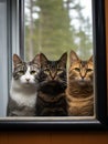Three cats looking throught the window indoors. Royalty Free Stock Photo