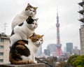 Three cats posing in front of Tokyo Tower surrounded by urban scenery during a cloudy day Royalty Free Stock Photo