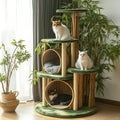 Three Cats Relaxing and Playing on a Modern Bamboo Cat Tree, Looking at the Camera in a Cozy Indoor Setting with Natural Light and Royalty Free Stock Photo