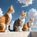 Three cats on the roof are looking in the same direction. Royalty Free Stock Photo
