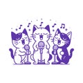 Three Cats Singing into Microphones. Vector Monochrome Illustration on White Background Royalty Free Stock Photo