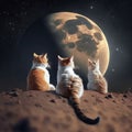 Three cats sitting on the desert watching the moon. Generative AI
