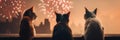 Three cats sitting on a ledge watching fireworks. AI generative image. Royalty Free Stock Photo