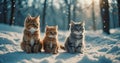 Three cats are sitting in the snow in front of a forest. The cats are of different colors, with one being orange, anothe Royalty Free Stock Photo