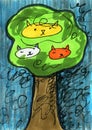 Three Cats in a Tree Whimsical Illustration