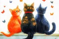 Three cats watching butterflies through a window in a cozy home setting Royalty Free Stock Photo