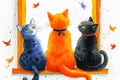 Three cats watching butterflies through a window in a cozy home setting Royalty Free Stock Photo