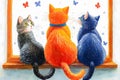 Three cats watching butterflies through a window in a cozy home setting Royalty Free Stock Photo