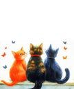 Three cats watching butterflies through a window in a cozy home setting Royalty Free Stock Photo