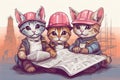 Three cats wearing hard hats and reading a newspaper. Generative AI image. Royalty Free Stock Photo