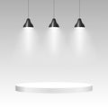 Three ceiling lamps with light. Lamp hanging background. Vector