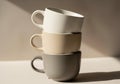 Three ceramic cups, each a different neutral colorâwhite, beige, and Royalty Free Stock Photo