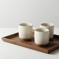 Three ceramic cups with a smooth, cream-colored finish sit on a rectangular wooden Royalty Free Stock Photo