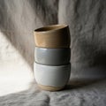 Three ceramic cups are stacked on top of a textured fabric surface. The cups vary in Royalty Free Stock Photo