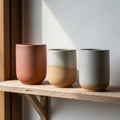 Three ceramic cups on a wooden shelf, each differing in color Royalty Free Stock Photo