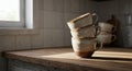 Three ceramic mugs are stacked on a wooden kitchen countertop. The lower portion Royalty Free Stock Photo