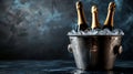 Three Champagne Bottles Chilled in a Luxurious Ice Bucket, Ready for Toasting against a dramatic black backdrop Royalty Free Stock Photo