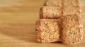 Three champagne corks on a wooden table. Close-up. Macro. Banner