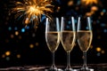 Three Champagne Glasses On Black Background Of Fireworks With Empty Space. Generative AI