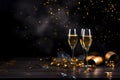 Three champagne glasses, gold streamers and confetti on dark background.New Year\'s Eve background, banner.