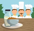 three character chef breakfast cereal milk landscape