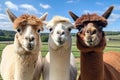 Three cheerful alpacas posing for the camera on a farm, against a background of blue sky