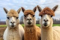 Three cheerful funny alpacas look at the camera, posing, on a farm