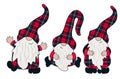 Three cheerful gnomes in a checkered dress. Can be used as stickers, decorative element, magnets, cut out and turned into