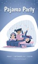 Three cheerful kids of diverse race in blue nightwear lie on the bed, having pajama party. Sleepover announcement flyer. Royalty Free Stock Photo