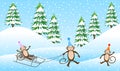 Three cheerful monkey sledding in the winter forest