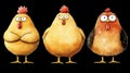 Three cheerful and oversized chubby chickens are standing side by side, showcasing their unique personalities and vibrant colors Royalty Free Stock Photo