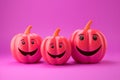 Three cheerful pink pumpkin with eyes on a stylish trendy bright blue pink background. Bright stylish trendy postcard.