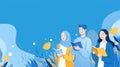 Three cheerful students read books among stylized blue and yellow plants in a bright educational illustration Royalty Free Stock Photo