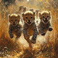 Three Cheetah Cubs Running Through Grass Royalty Free Stock Photo