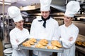 Three chefs holding a tray of baked croissant Royalty Free Stock Photo