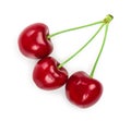 Three cherries with leaf closeup isolated on white background Royalty Free Stock Photo