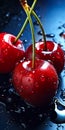Three cherries sitting on top of a black surface. Generative AI image. Royalty Free Stock Photo