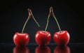 Three cherries stacked on black surface, seedless fruit from flowering plant Royalty Free Stock Photo