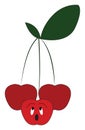 Three cherry fruits hanging from a single branch looking at different directions vector color drawing or illustration