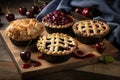 three cherry pies, each with a different topping and presentation